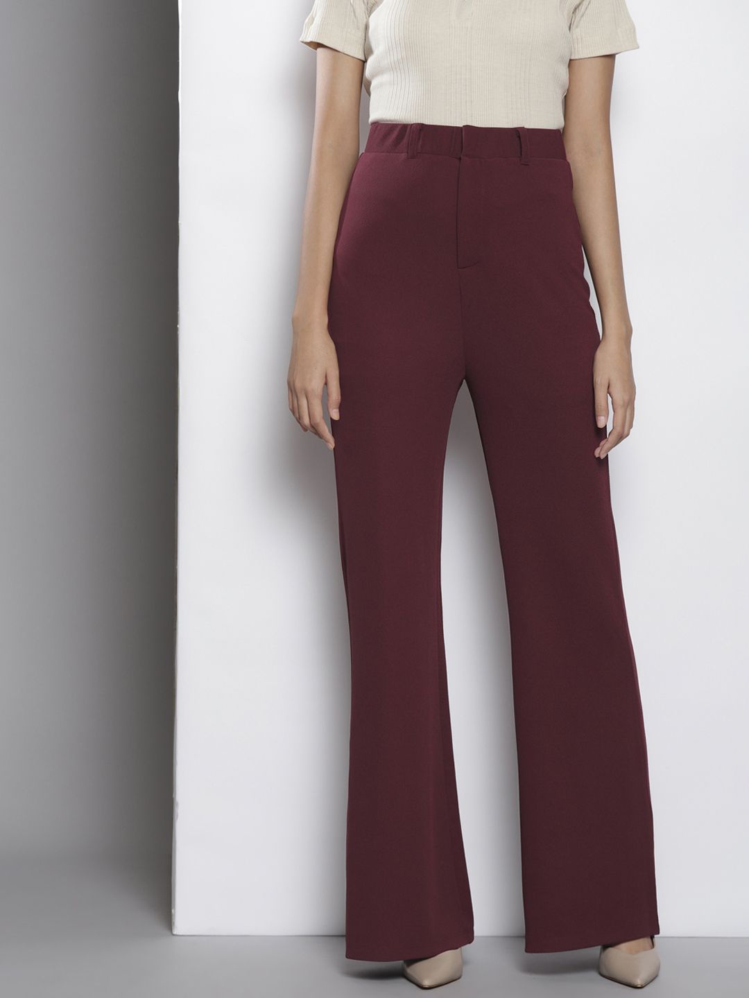 SASSAFRAS Women Burgundy Comfort Flared Easy Wash Bootcut Trousers Price in India