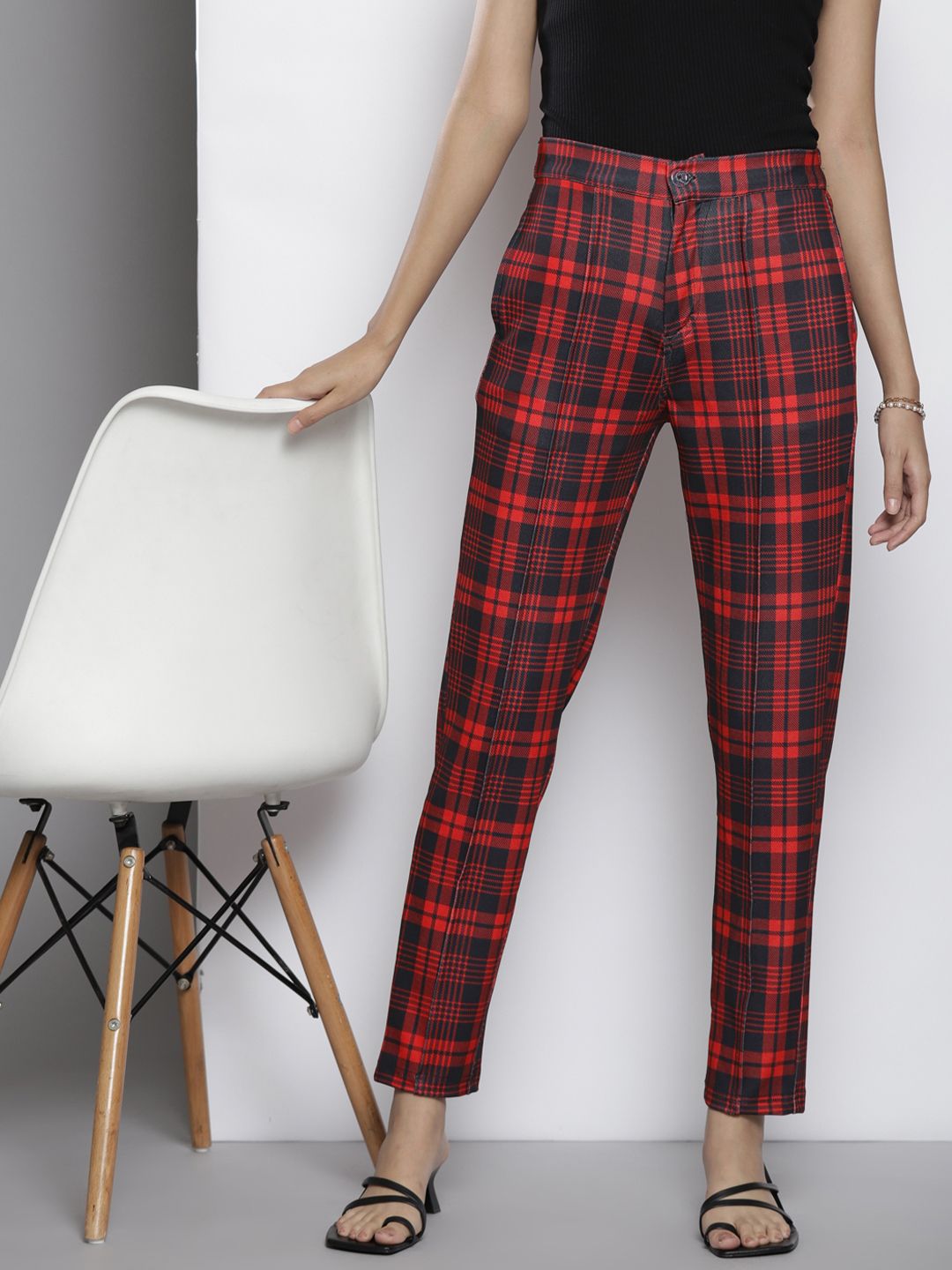 SASSAFRAS Women Red Checked Comfort Tapered Fit Trousers Price in India