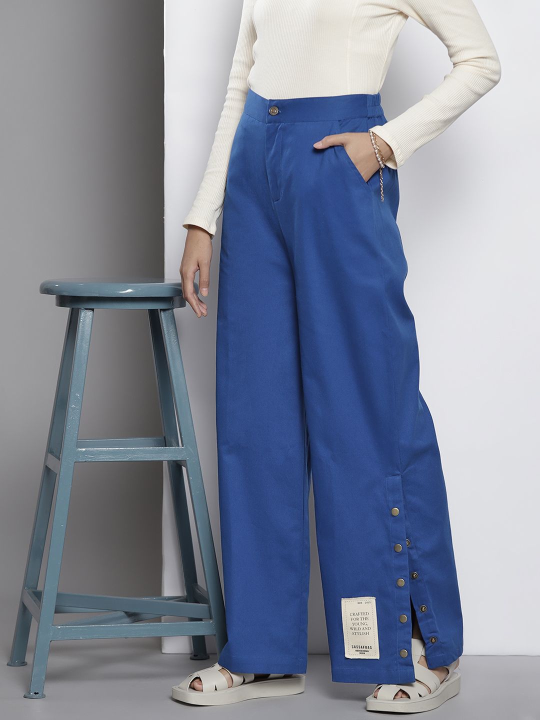 SASSAFRAS Women Blue Comfort Straight Fit  Side Button High-Rise Trousers Price in India