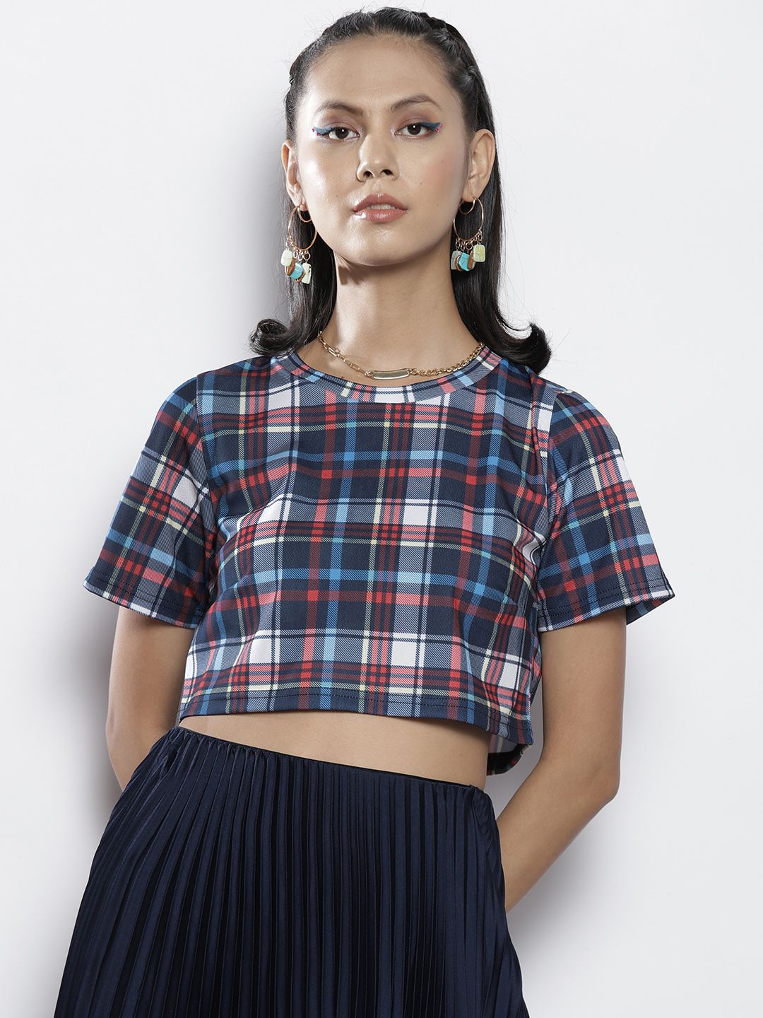 SASSAFRAS Blue & Red Checked Crop Top Price in India