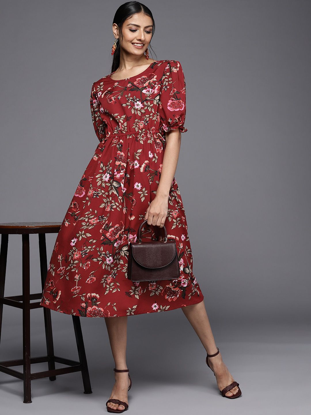 MASSTANI BY INDDUS Maroon & White Floral Print Fit and Flare Midi Dress Price in India