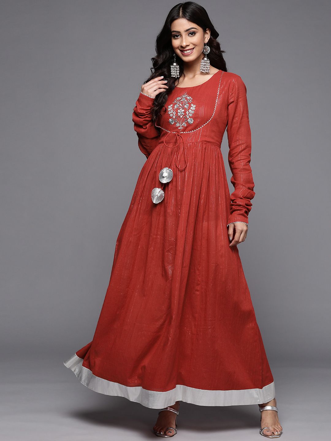 Varanga Red & Silver Embroidered A-Line Maxi Dress Price in India