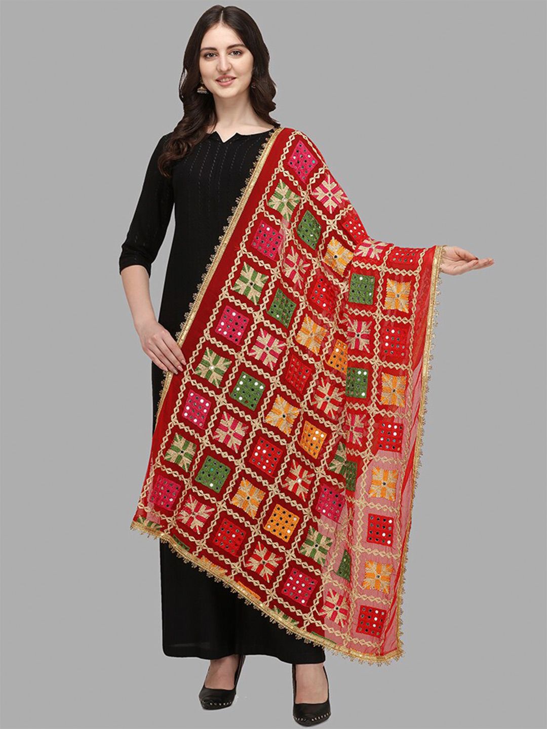 DEETYA ARTS Red & Mustard Embroidered Dupatta with Mirror Work