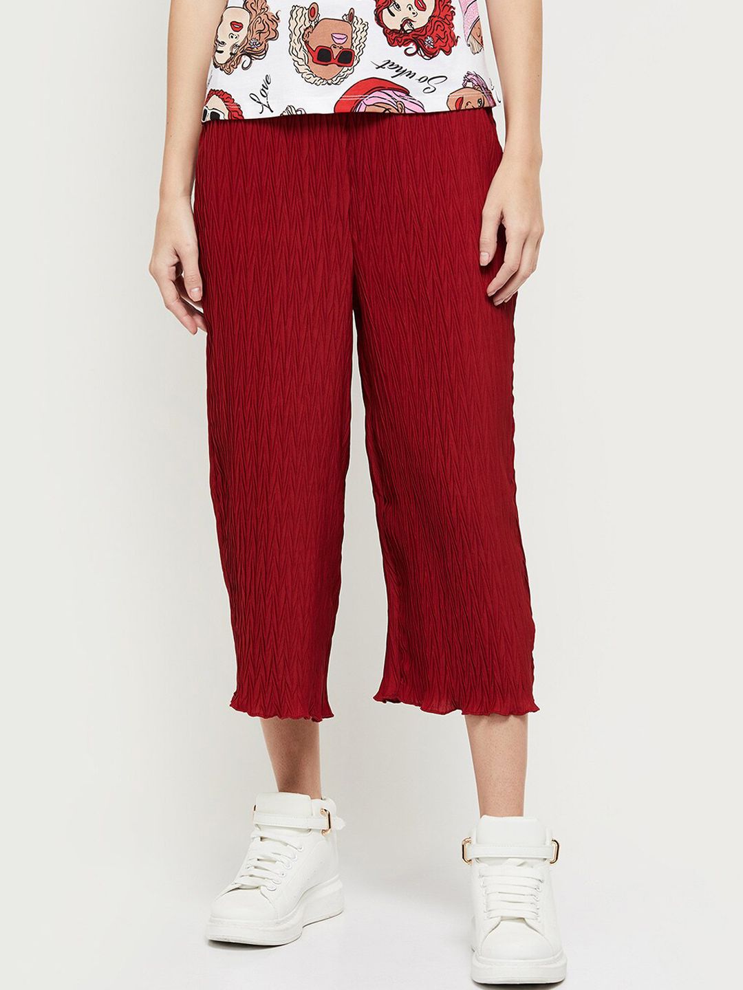 max Women Maroon Textured Culottes Trousers Price in India