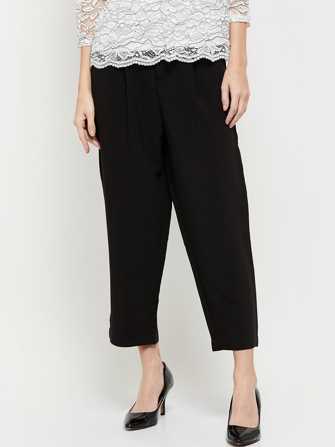 max Women Black Pleated Trousers Price in India