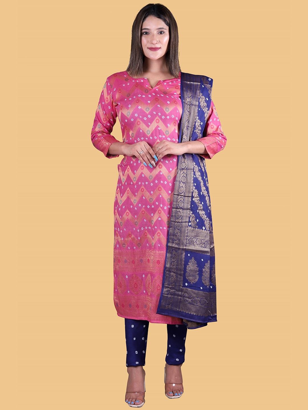 Divine International Trading Co Women Pink & Blue Pure Cotton Unstitched Dress Material Price in India