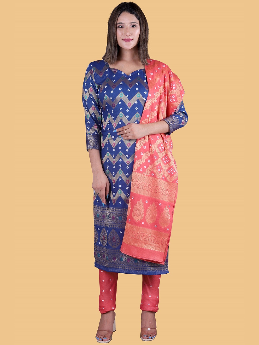 Divine International Trading Co Blue & Pink Dyed Pure Cotton Unstitched Dress Material Price in India