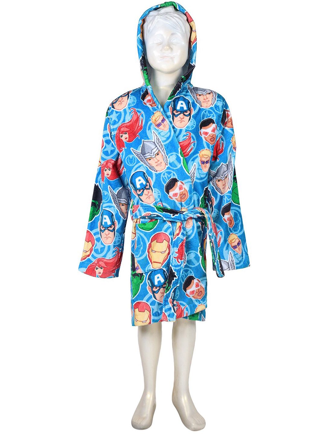 SPACES Blue & Red Printed Pure Cotton Bath Robe With Belt Price in India