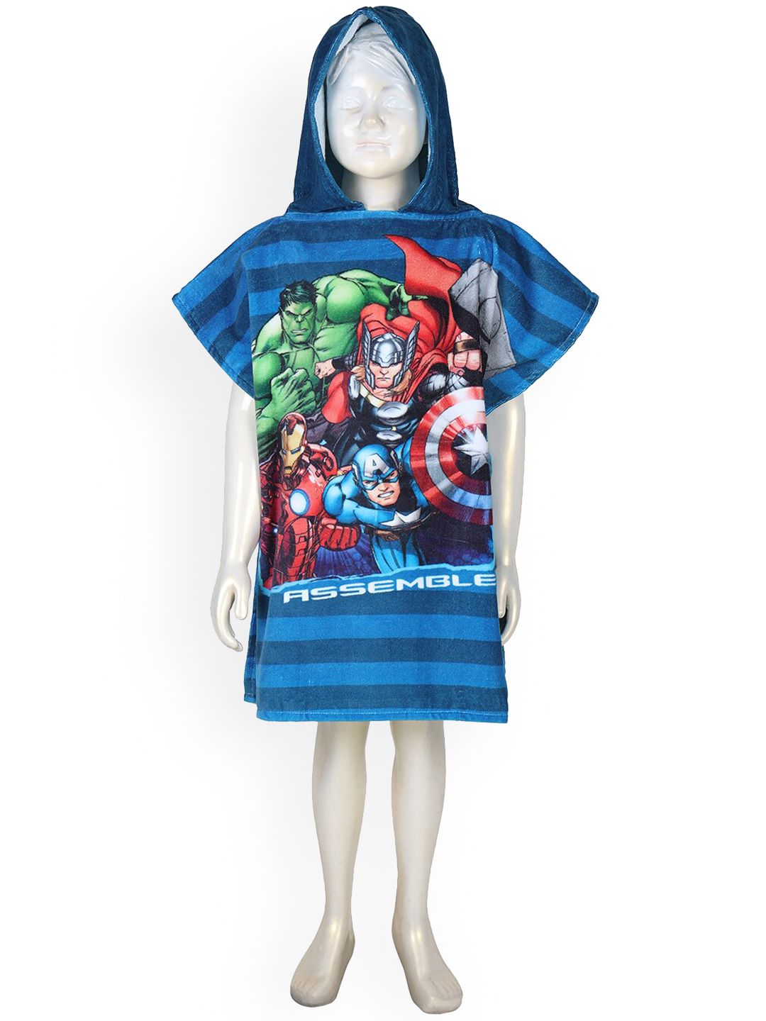 SPACES Blue 380 GSM Marvel Characters Printed Cotton Bath Robe with Hood Price in India