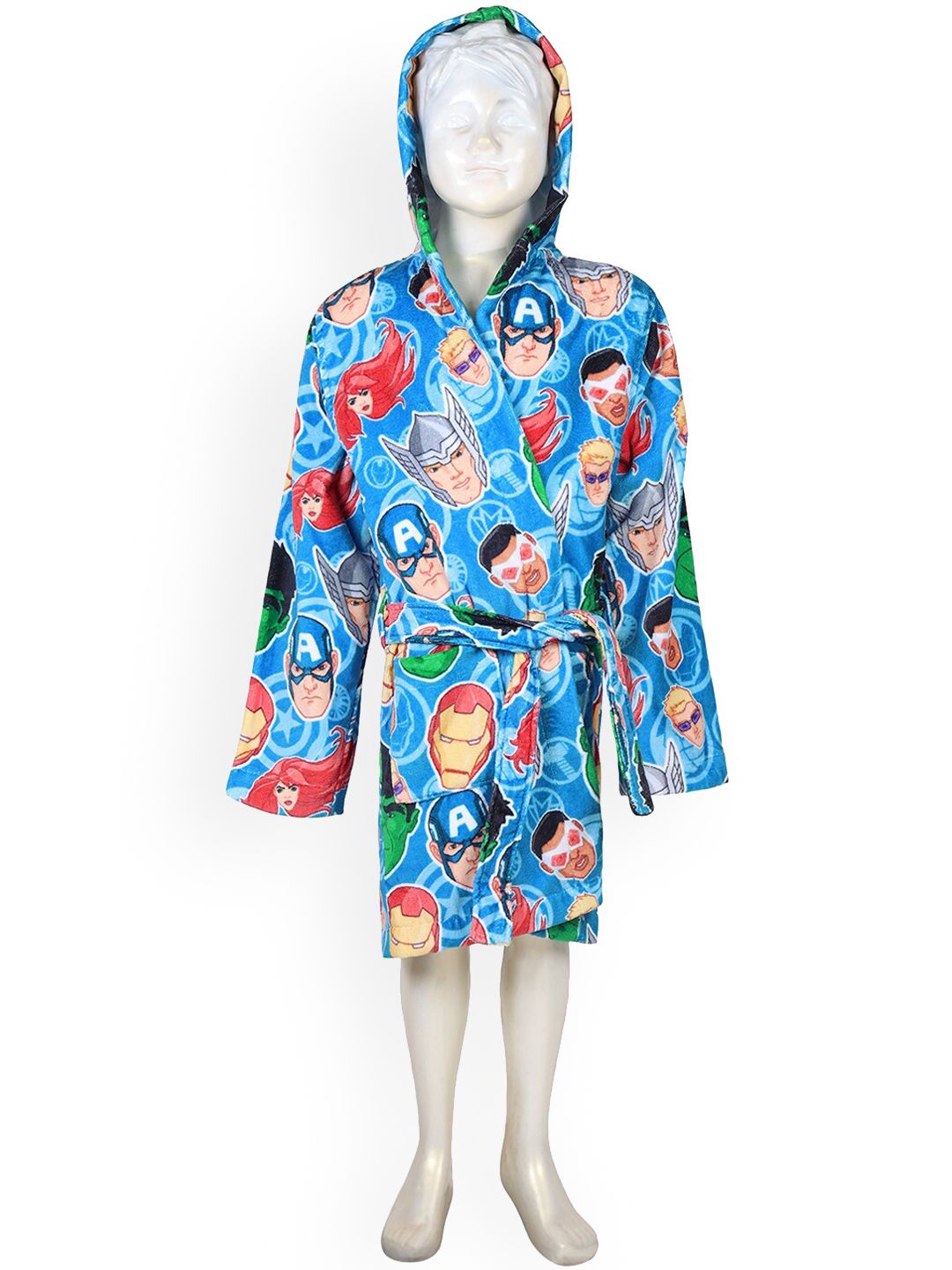 SPACES Blue 380 GSM Marvel Characters Printed Cotton Hooded Bath Robe Price in India