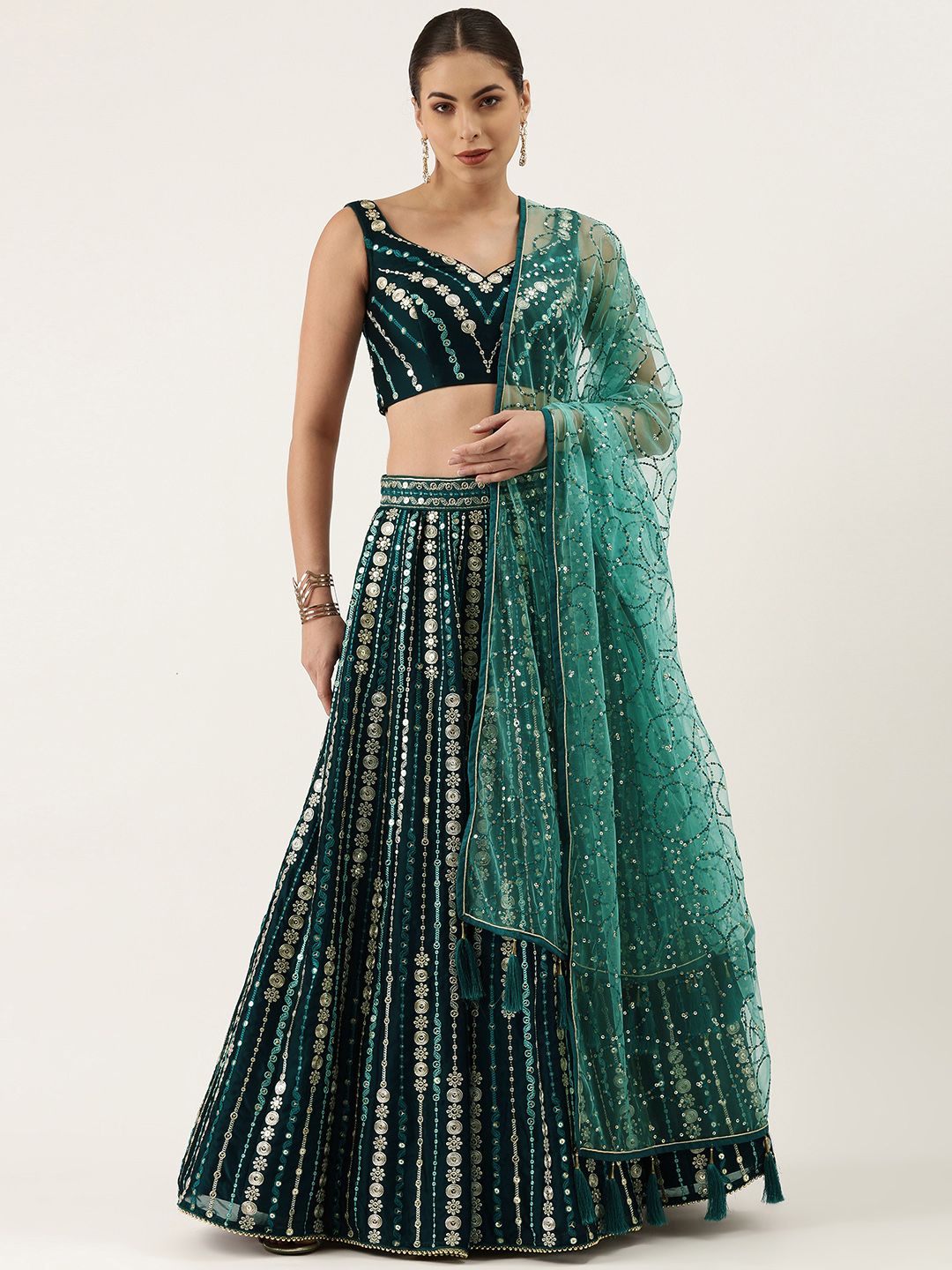 panchhi Teal Embellished Sequinned Semi-Stitched Lehenga & Unstitched Blouse With Dupatta Price in India