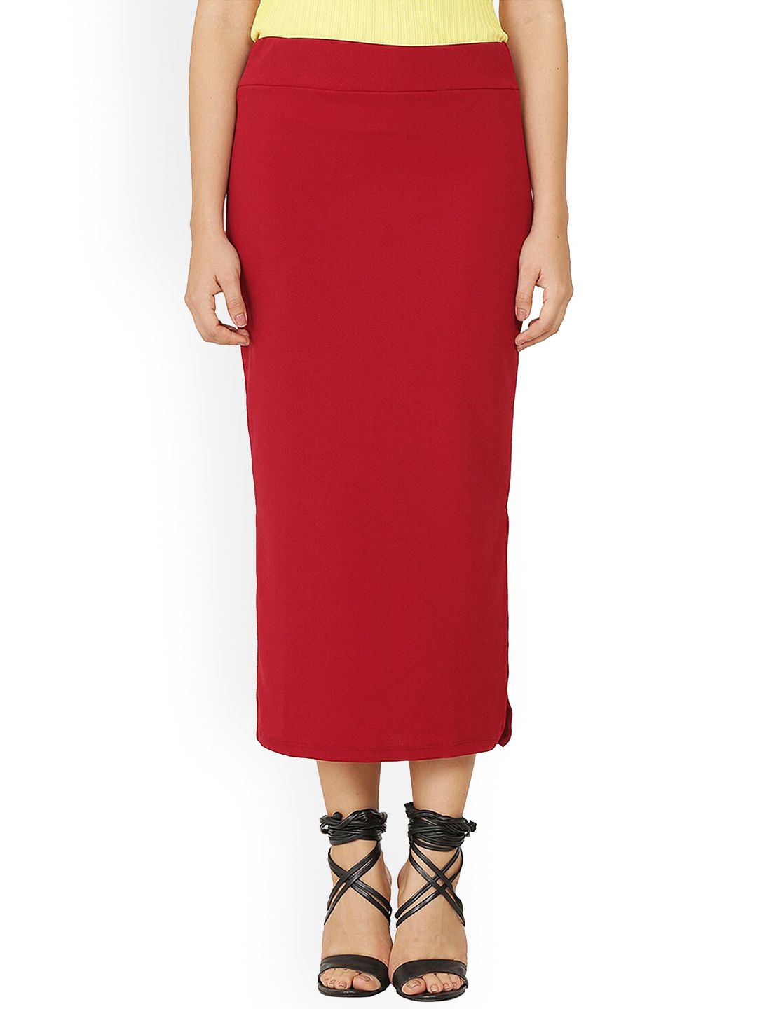 FRANCLO Women Maroon Solid Jacquard Straight Ankle-Length Skirt Price in India