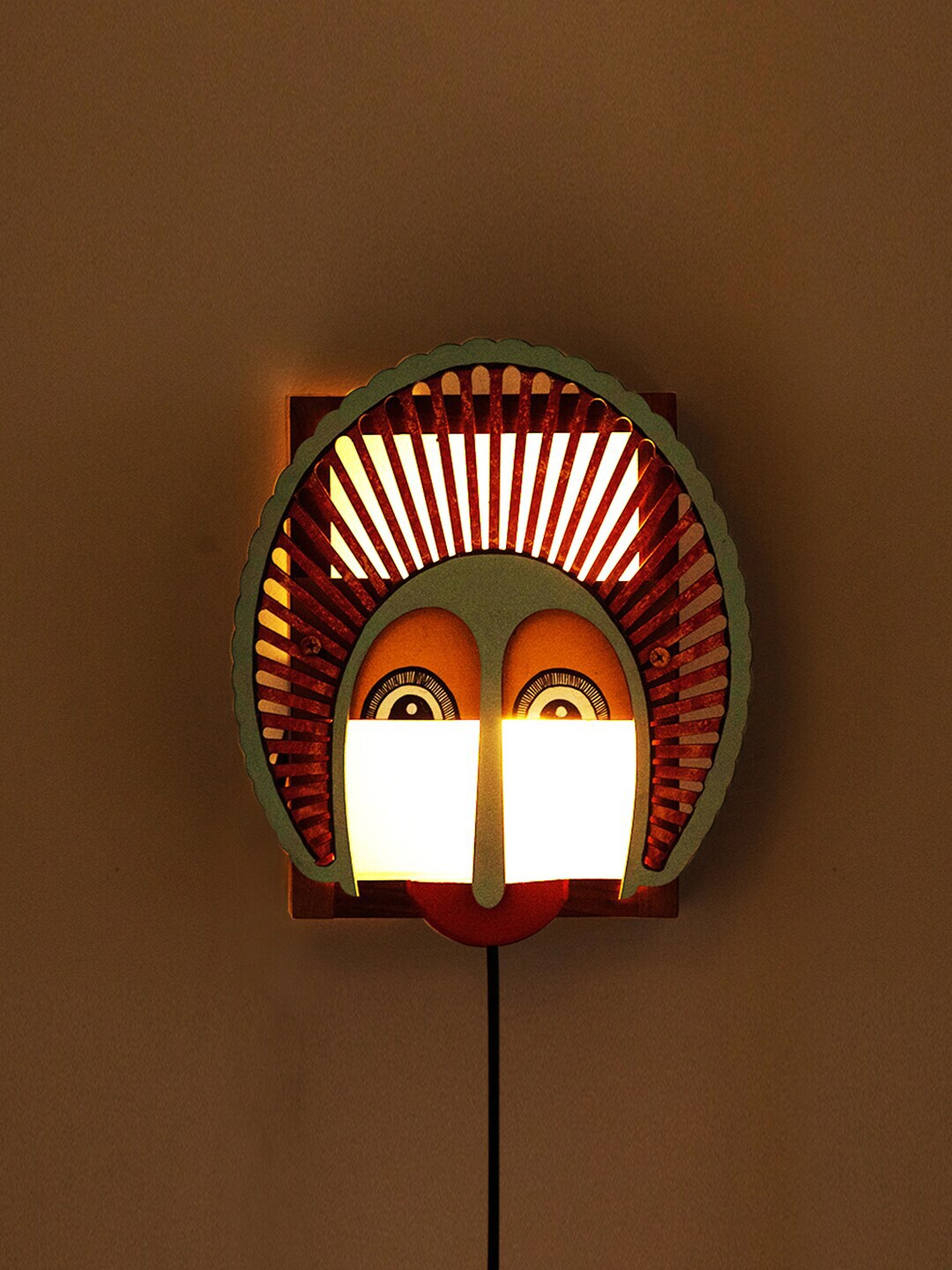 ExclusiveLane Brown & Olive Printed Gleeful Smile Wooden Wall Lamp Price in India