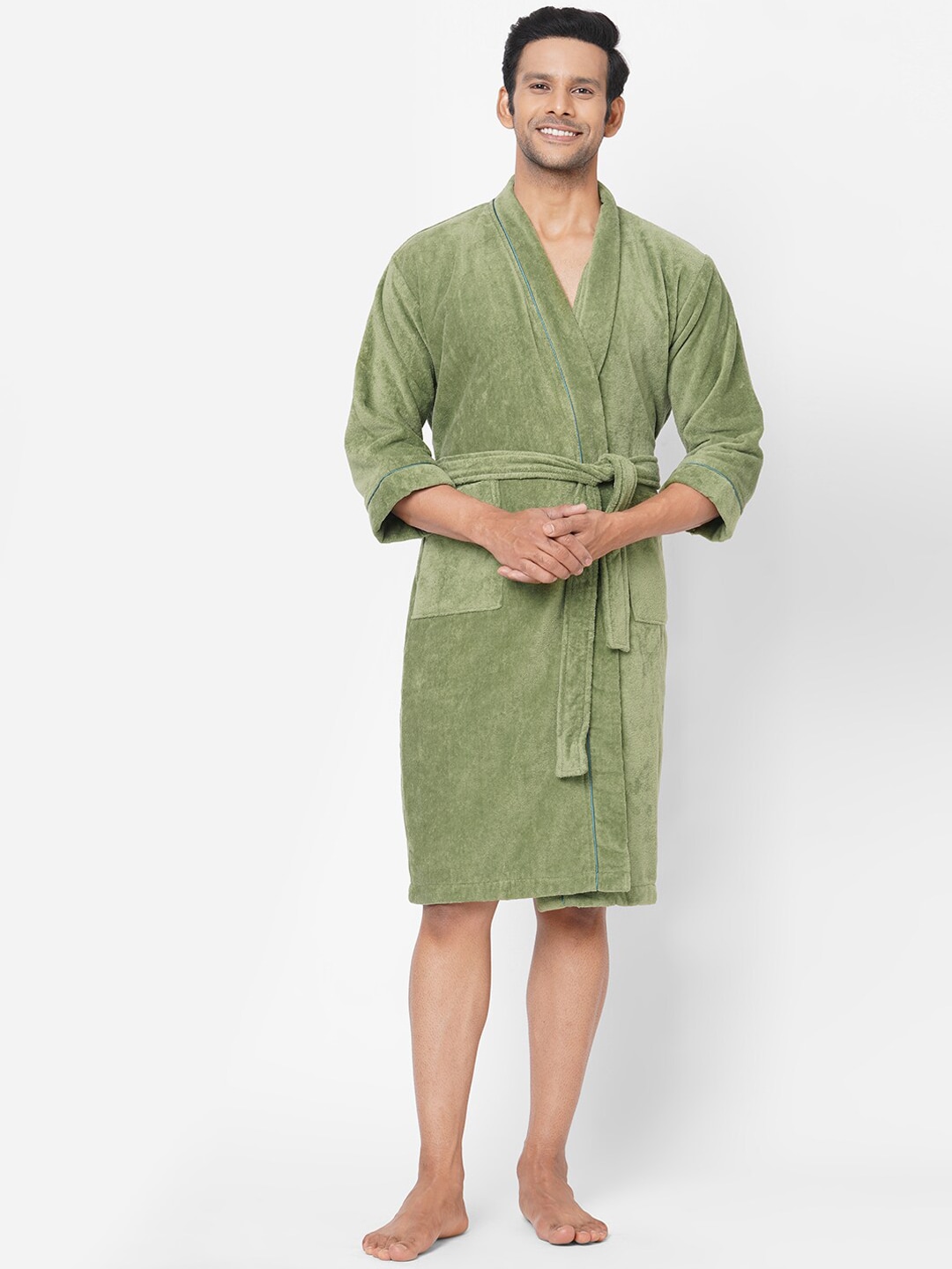 SPACES Green Solid 380GSM Pure Cotton Bath Robe Price in India