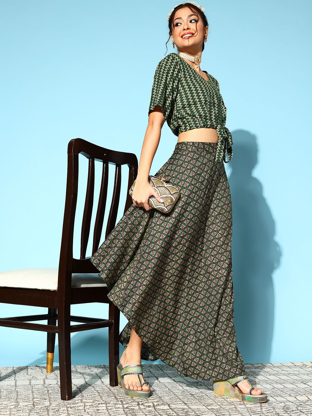 InWeave Women Green Printed Top with Skirt Price in India