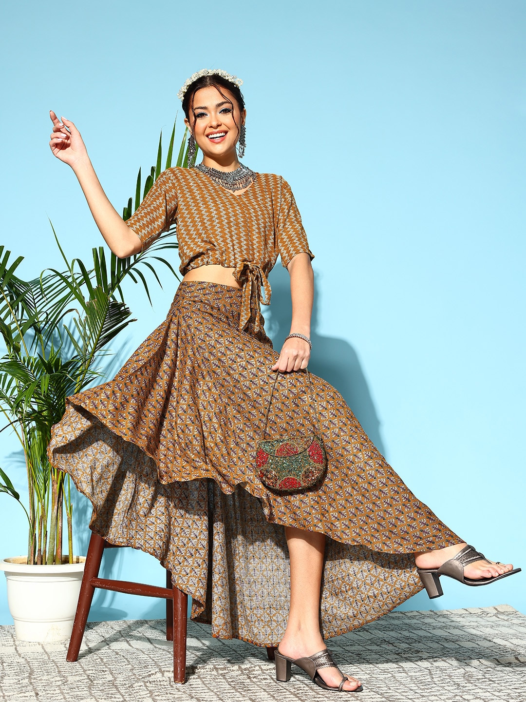 InWeave Mustard Yellow Geometric Printed Crop Top With Skirt Price in India