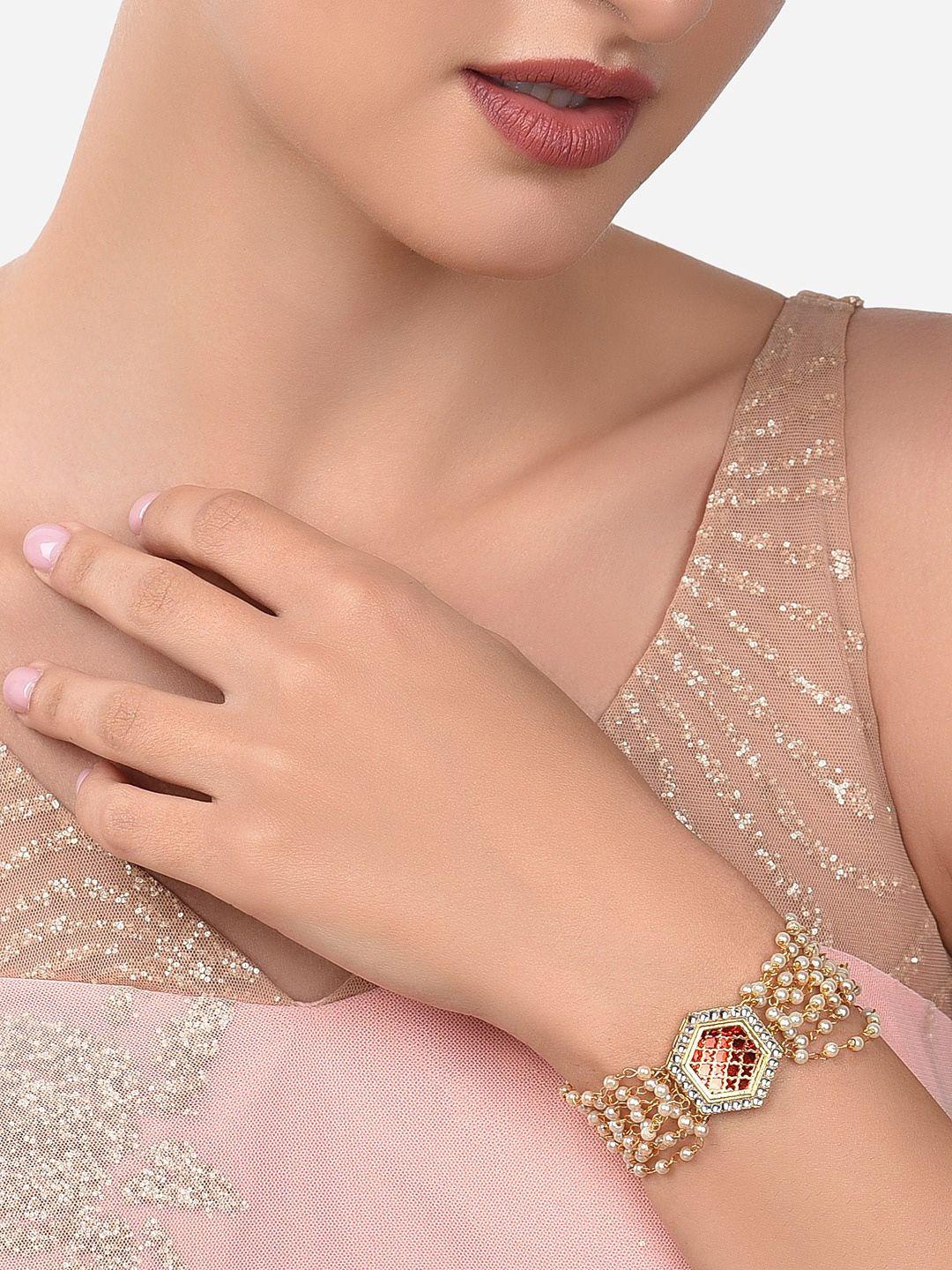 Zaveri Pearls Women Red Center Piece Multistrand Pearls Ethnic Bracelet Price in India