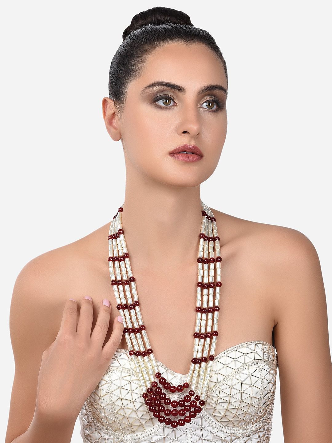 Zaveri Pearls Women Maroon & White Multi Layer Beaded Long Ethnic Necklace Price in India