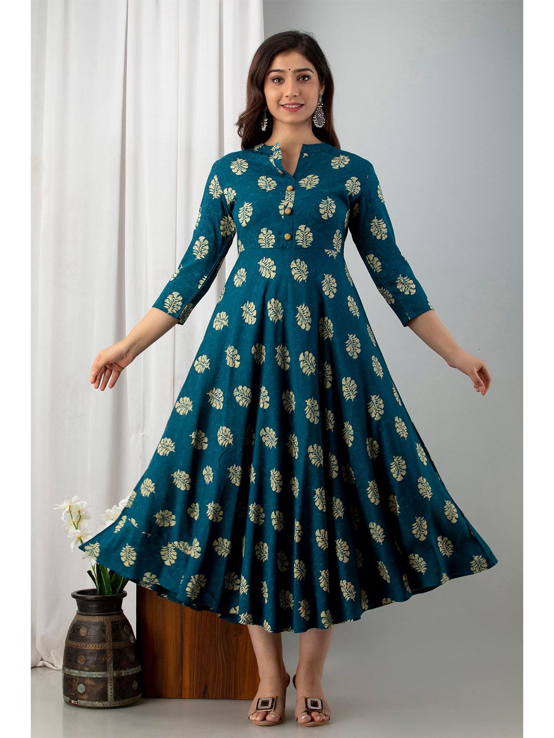 NAYRAH Teal Ethnic Motifs Midi Dress Price in India