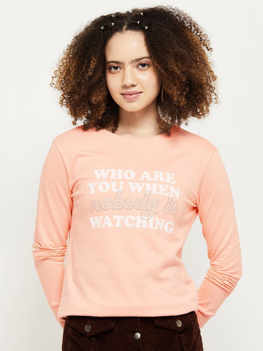 max Women Peach-Coloured Printed Slip on Sweatshirt Price in India