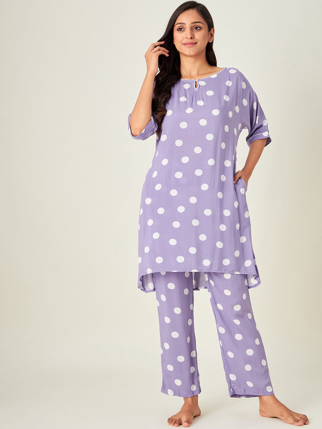 The Kaftan Company Women Lavender & White Printed Night suit NS_MD_INDIE10-Purple Price in India