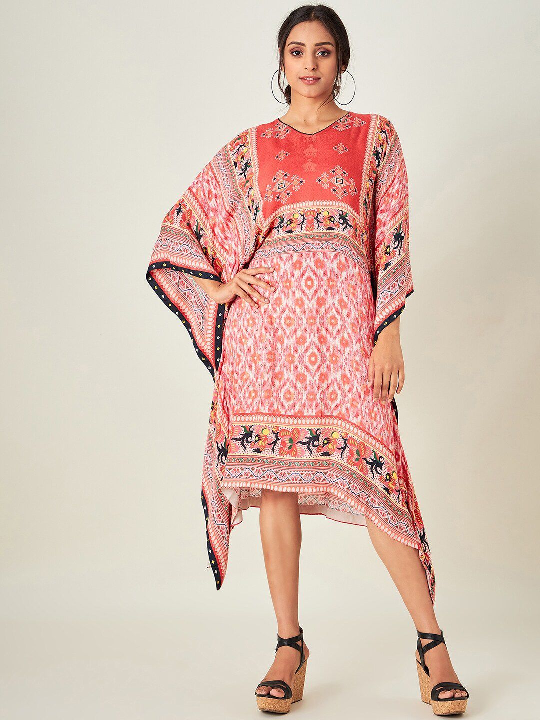 The Kaftan Company Women Red & White Ikat Printed Kaftan Cover-Up Dress Price in India