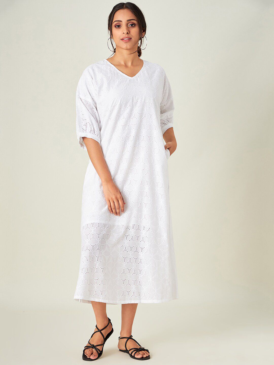 The Kaftan Company Women White Embroidered Cotton Resort Dress Price in India