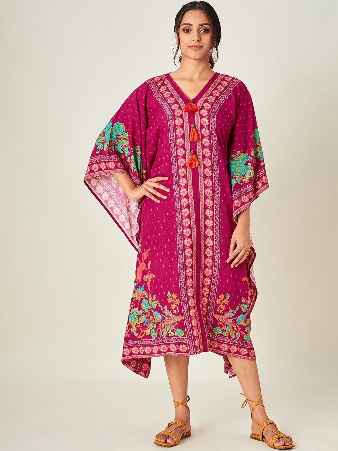 The Kaftan Company Women Pink & Green Printed Resort Cover Up Price in India