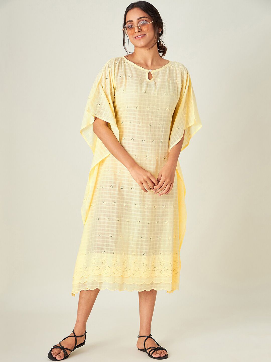 The Kaftan Company Women Yellow Sun Schiffli Cotton Resort Kaftan Cover-Up Dress Price in India