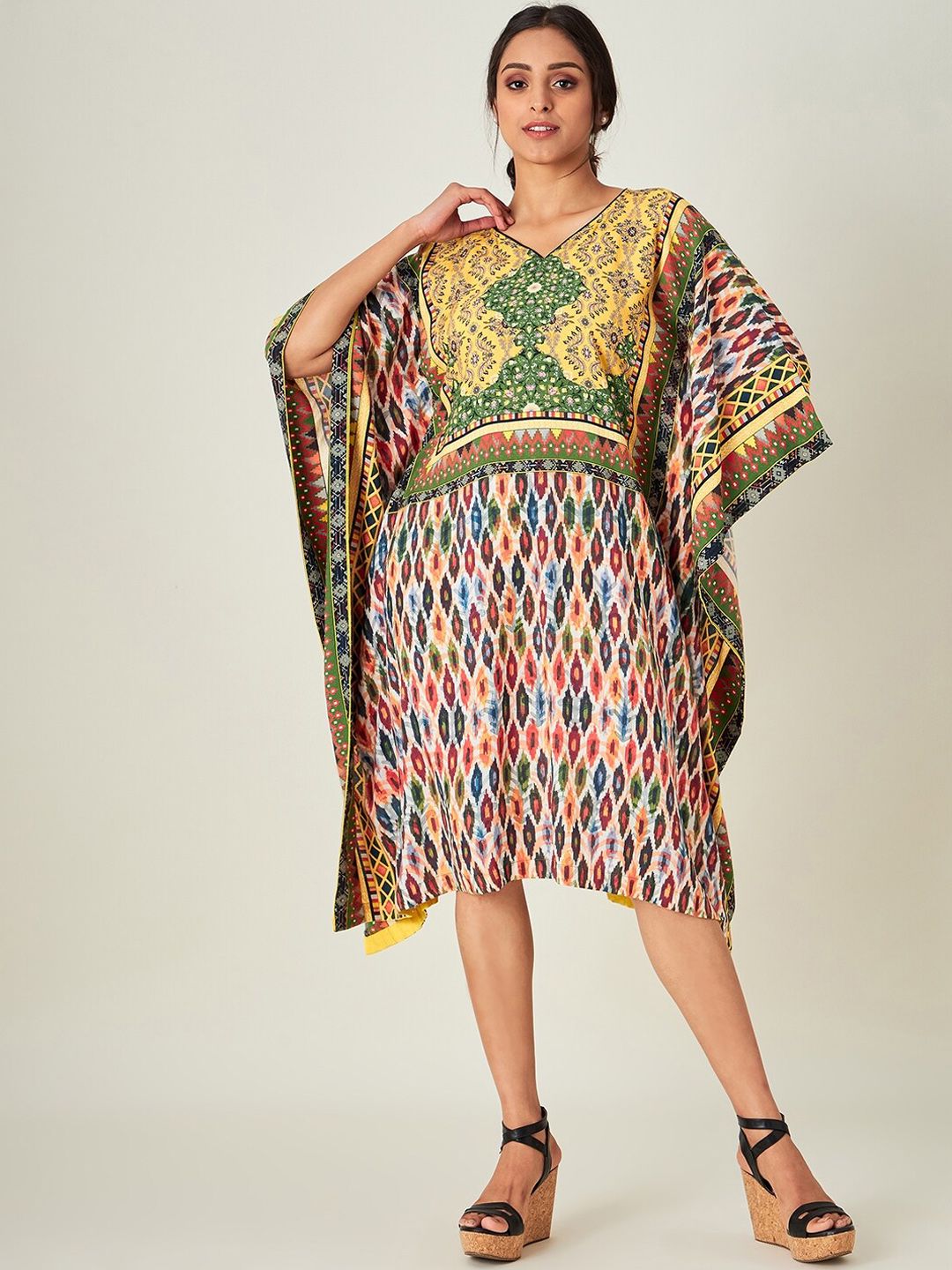 The Kaftan Company Yellow & Green Ikat Printed Kaftan Midi Dress Price in India