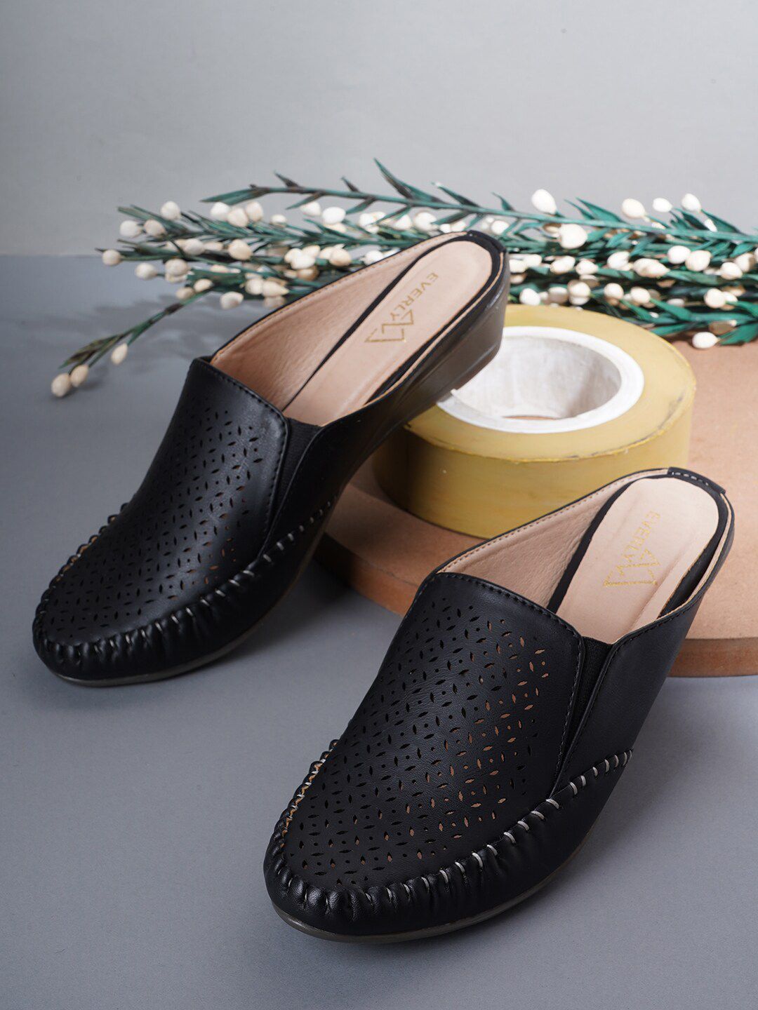 EVERLY Women Black Perforations Mules Price in India