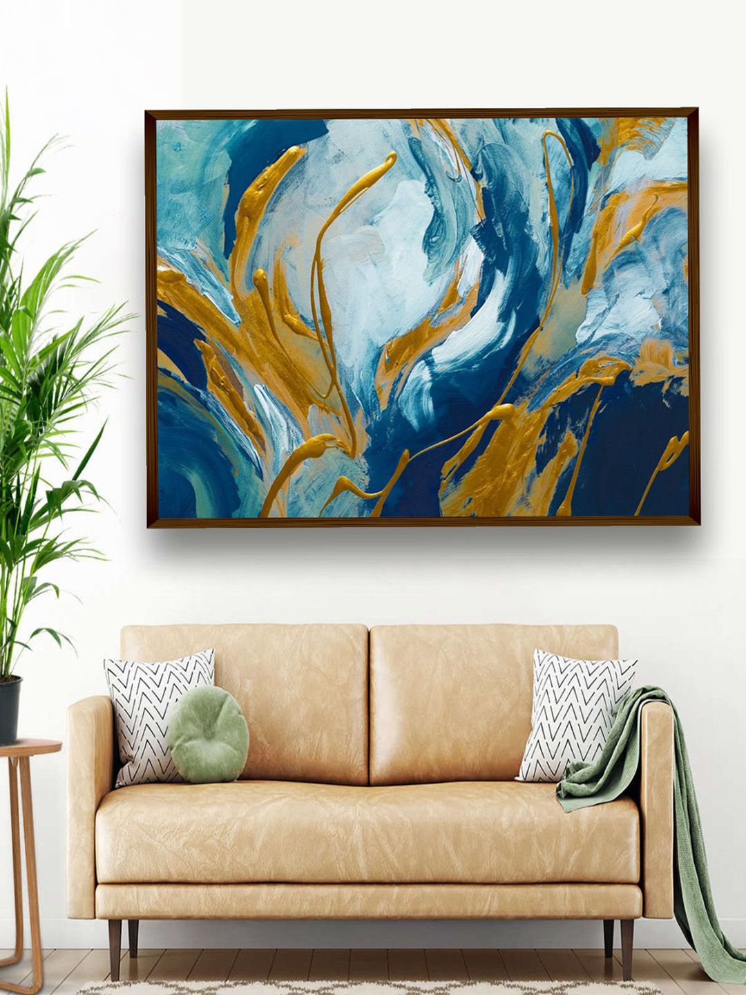 The Art House Blue & Golden Abstract Painting Wall Art Price in India