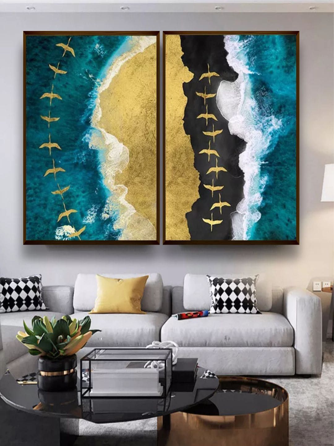 The Art House Blue & Golden Abstract Painting Wall Art Price in India