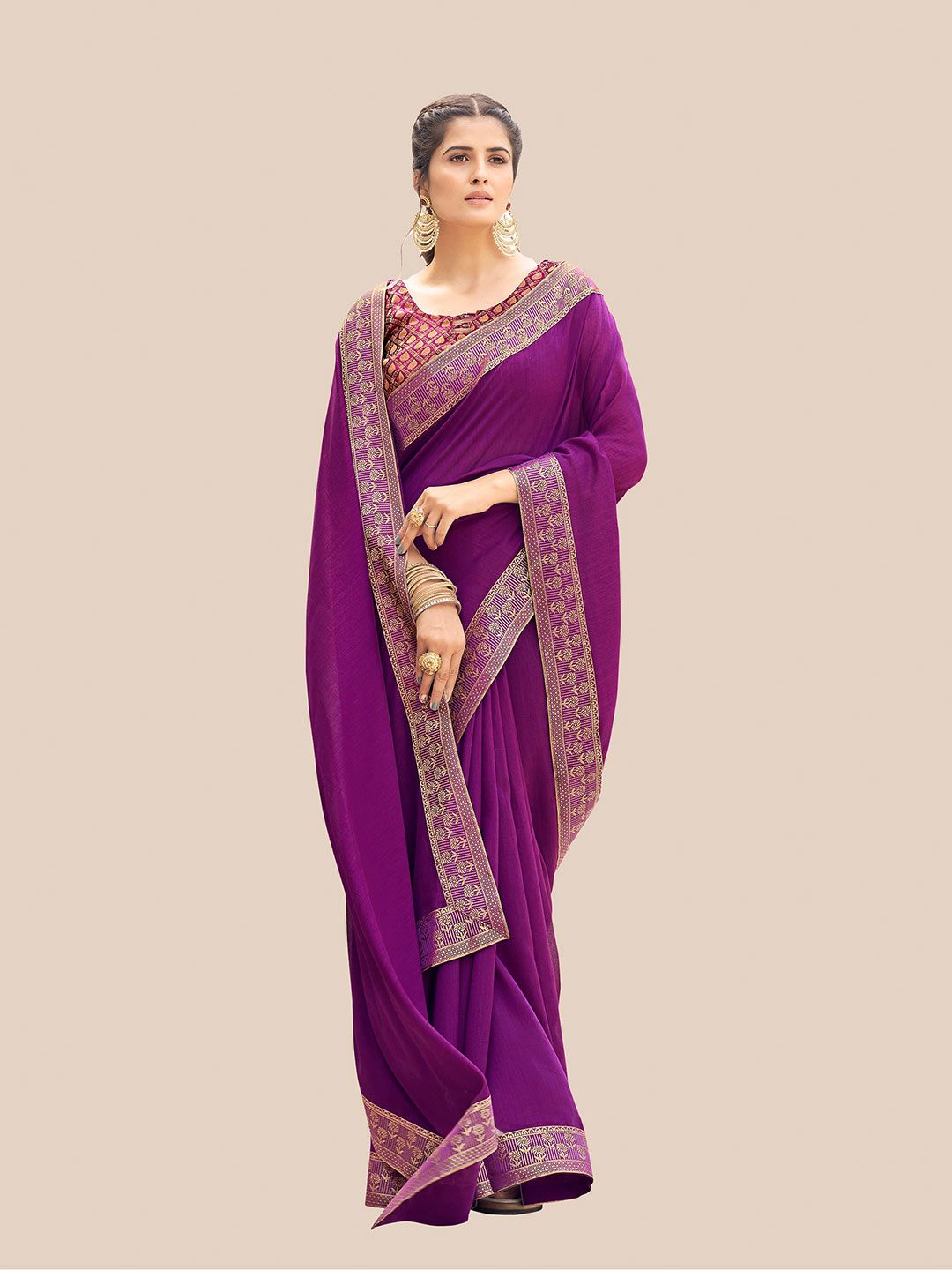 UNITED LIBERTY Women Purple & Gold-Toned Zari Pure Chiffon Banarasi Saree