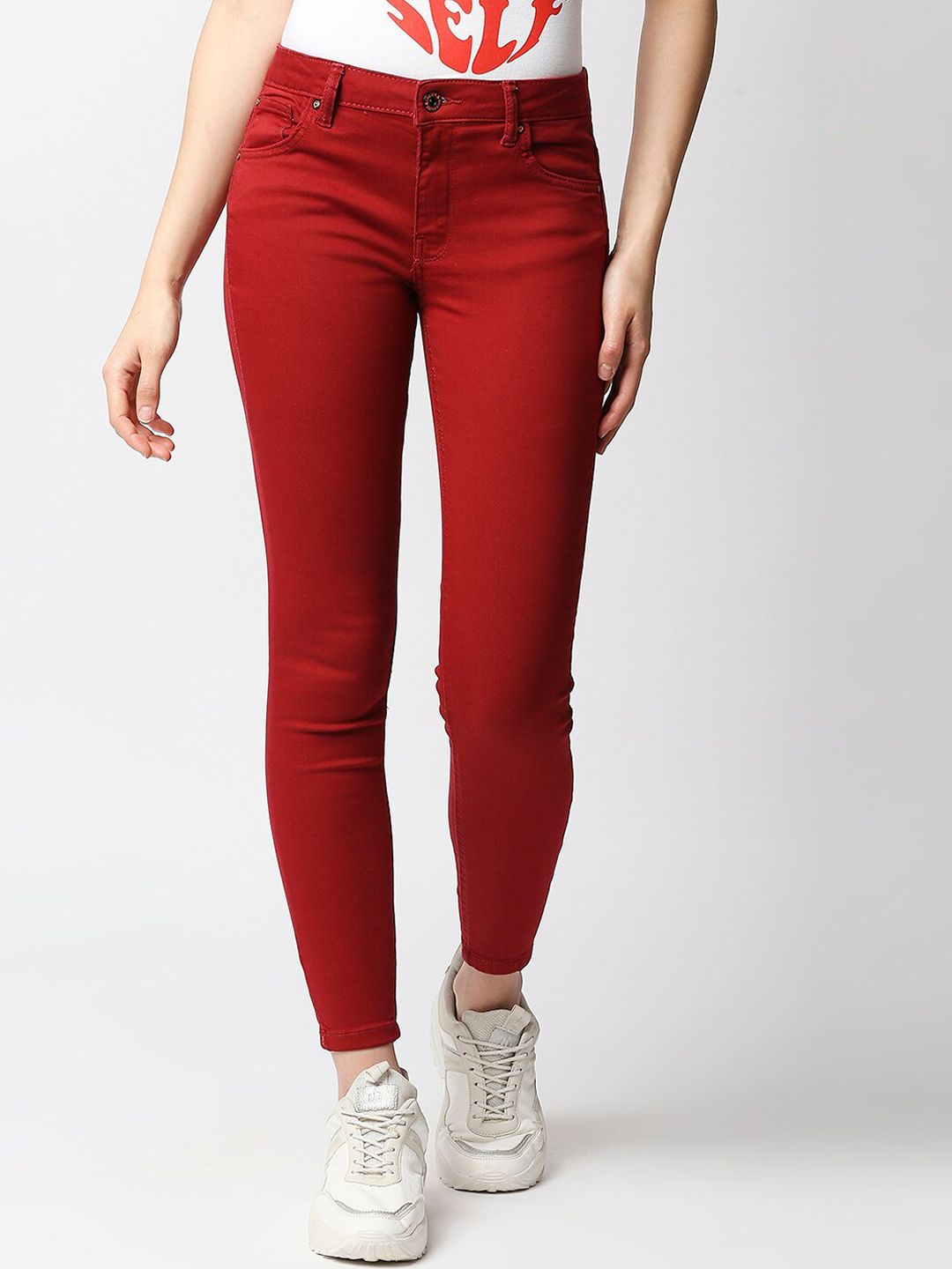 LOVEGEN Women Red Skinny Fit Stretchable Jeans Price in India