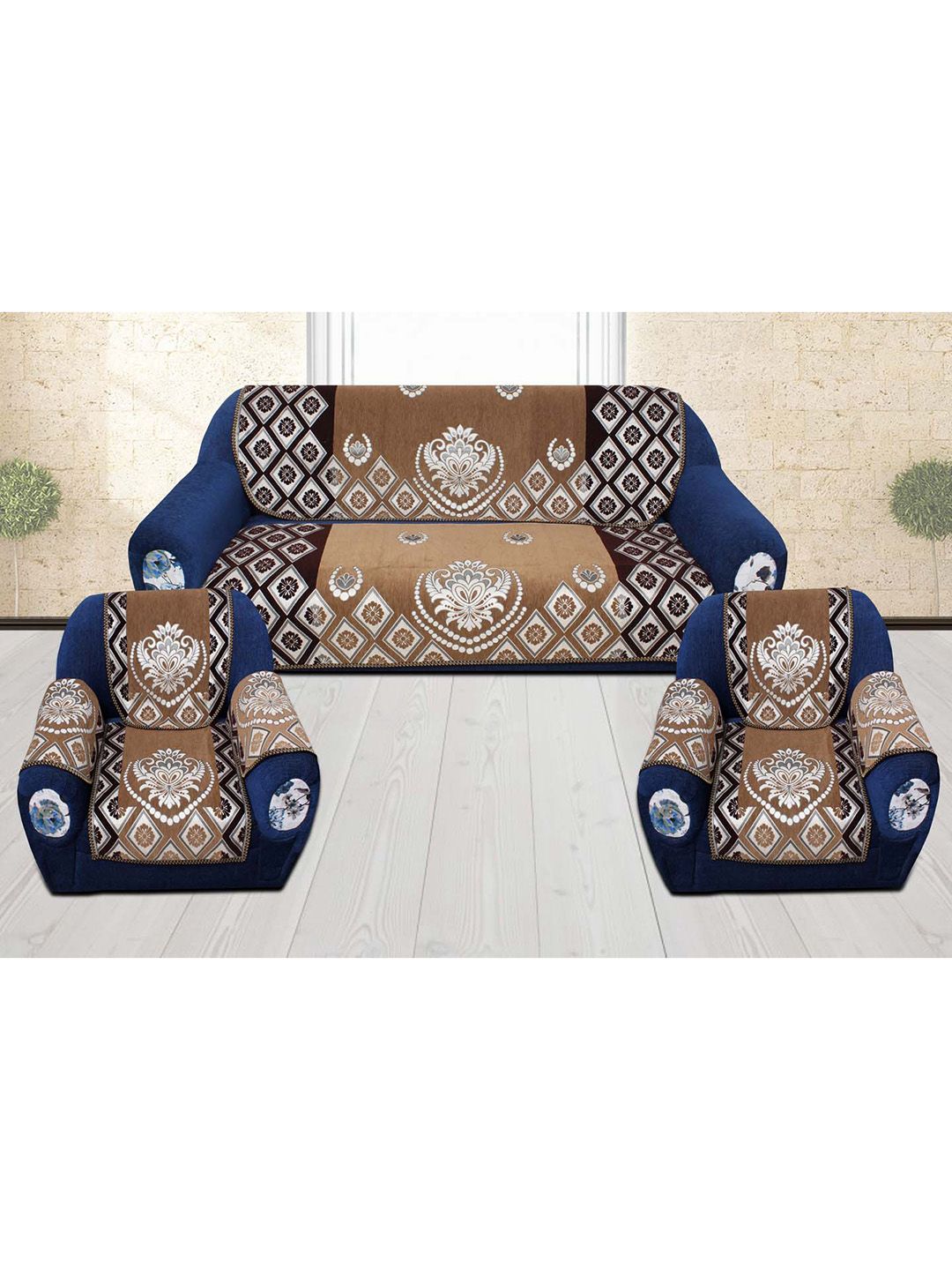 Slushy Mushy Set Of 16 Brown & Blue Printed Sofa Cover Price in India