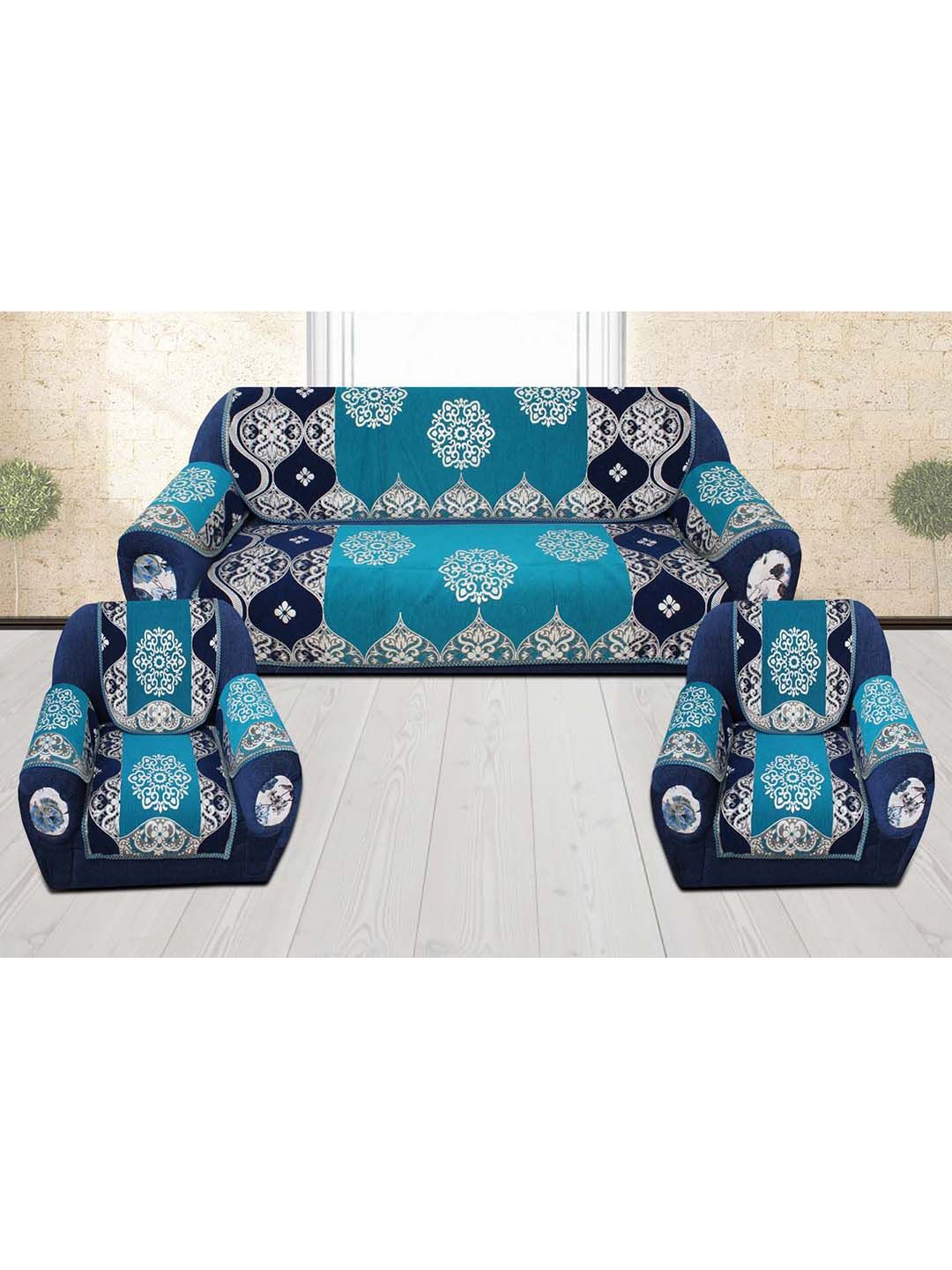 Slushy Mushy Blue & White Set of 16 Ethnic Printed  Velvet Sofa Covers Price in India
