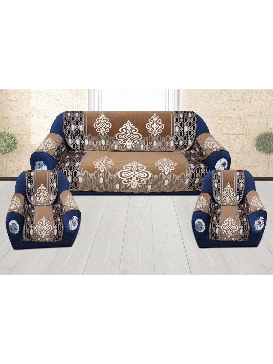 Slushy Mushy Set of 16 Brown & Blue Velvet Sofa Cover Price in India