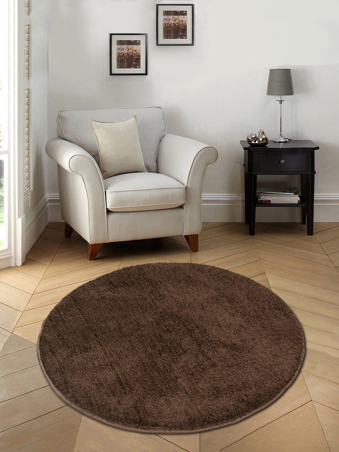 Saral Home Brown Solid Cotton Anti-Skid Shaggy Round Floor Mat Price in India
