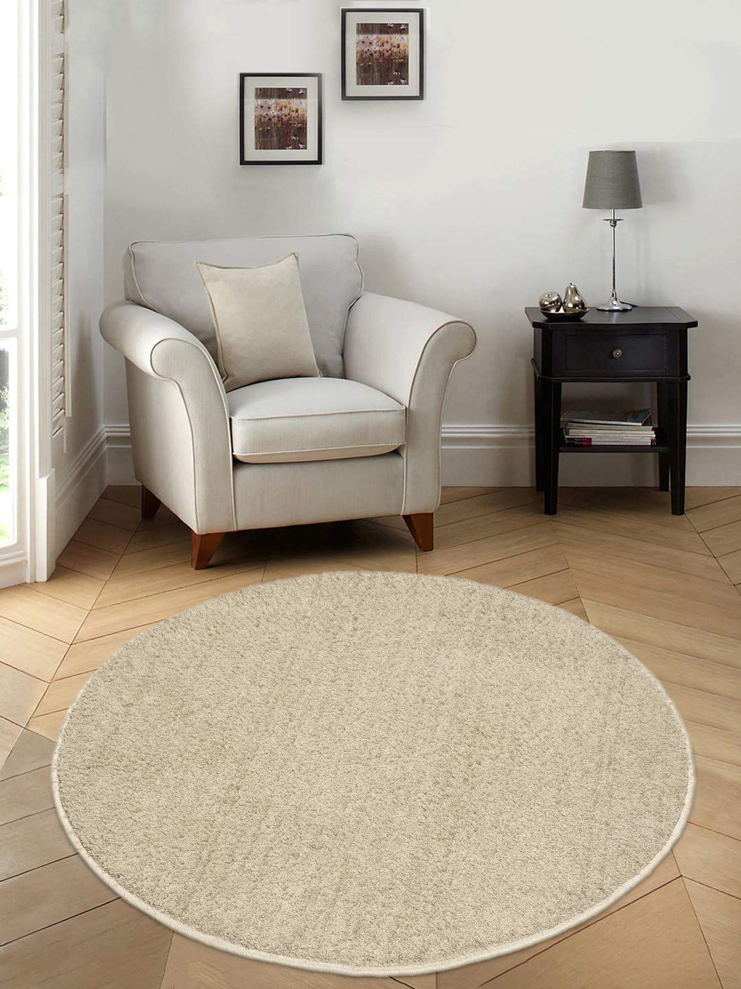 Saral Home Beige Solid Cotton Shaggy Yarn Anti-Skid Round Floor Mat Price in India