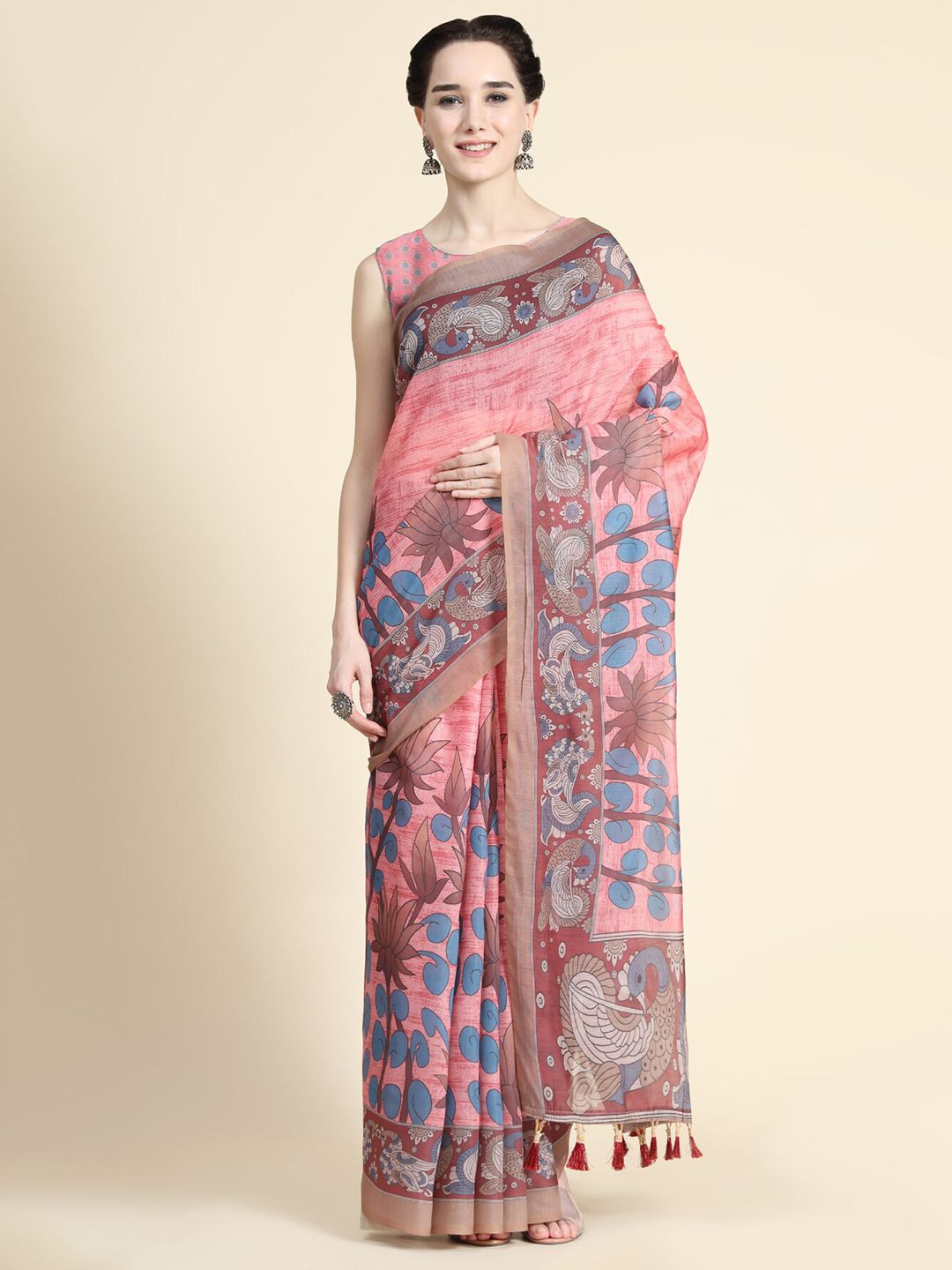 KALANANDI Pink & Blue Kalamkari Saree Price in India