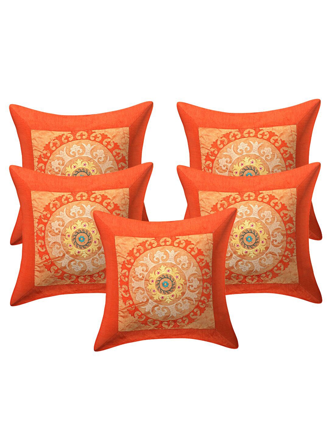INDHOME LIFE Pack of 5 Orange & Mustard Floral Embroidered Square Cushion Covers Price in India