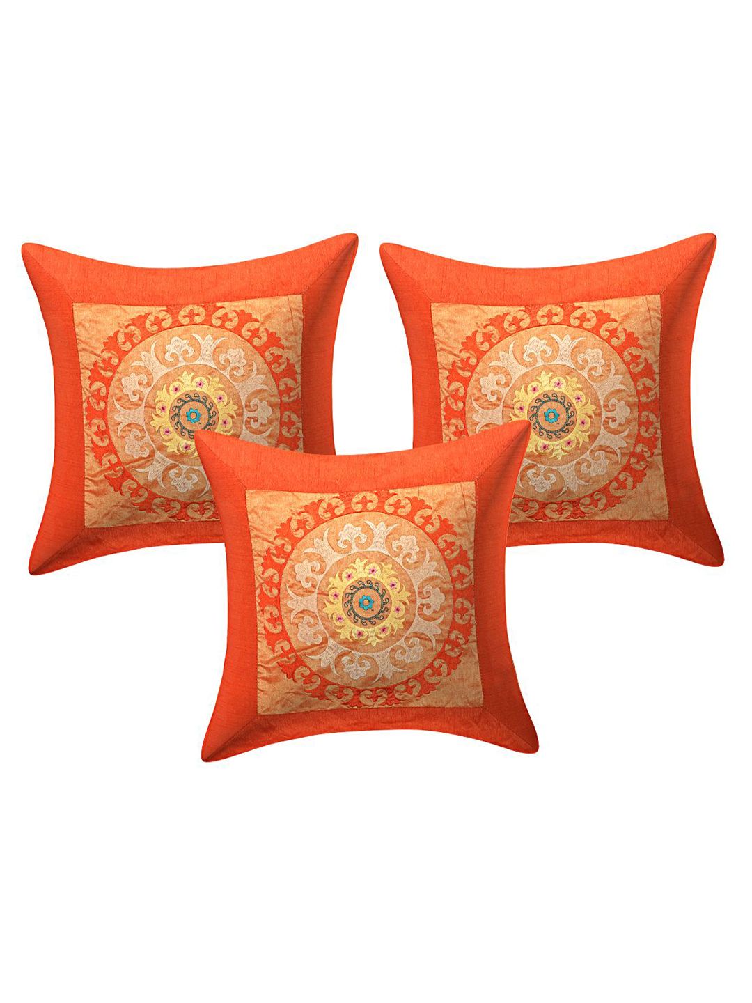 INDHOME LIFE Orange & Mustard Set of 3 Floral Square Cushion Covers Price in India