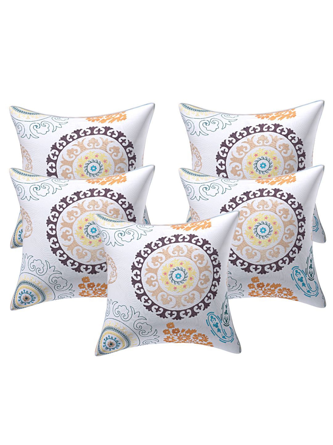 INDHOME LIFE White & Beige Set of 5 Abstract Square Cushion Covers Price in India