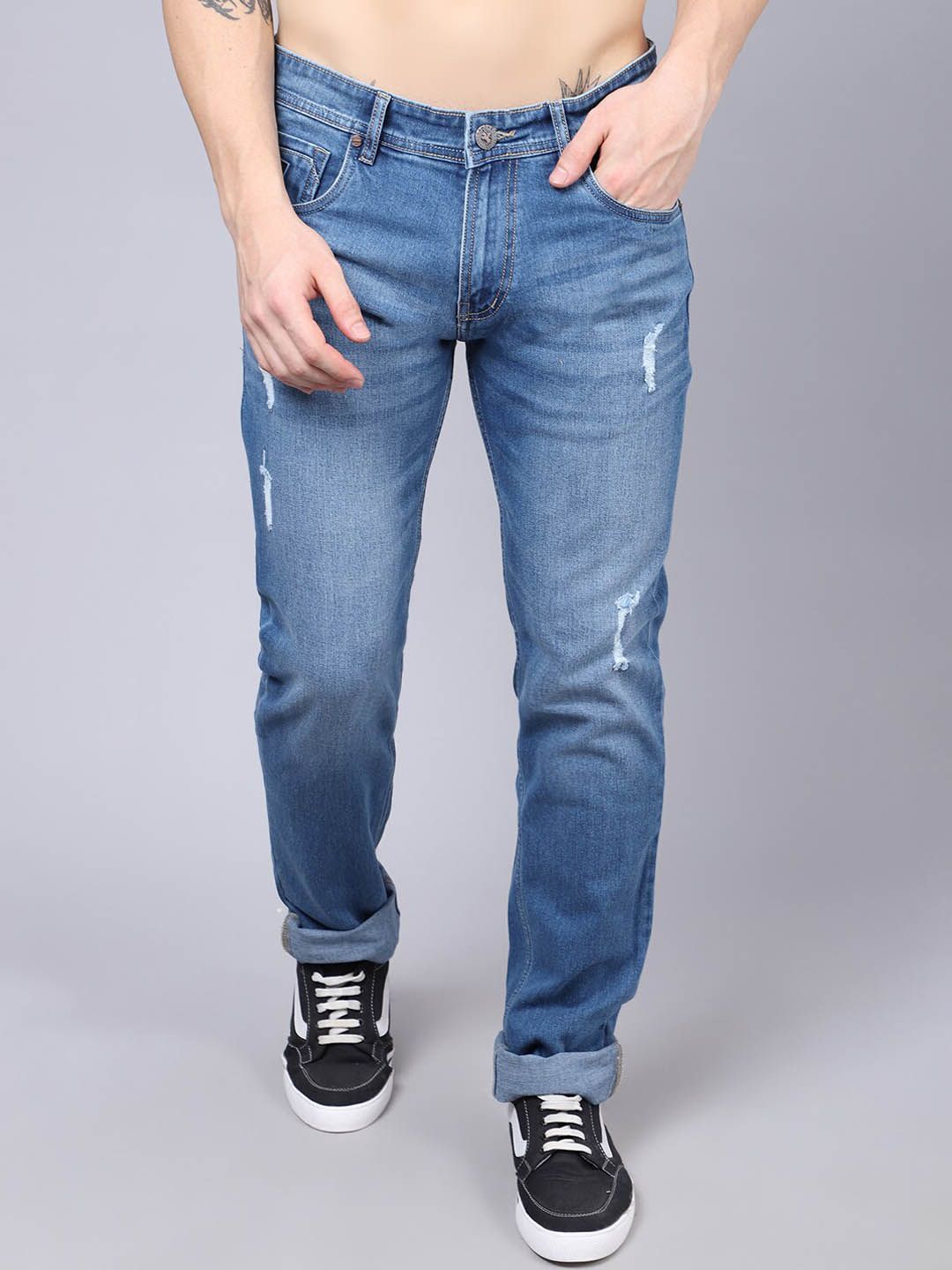 Cantabil Men Blue Mildly Distressed Light Fade Jeans