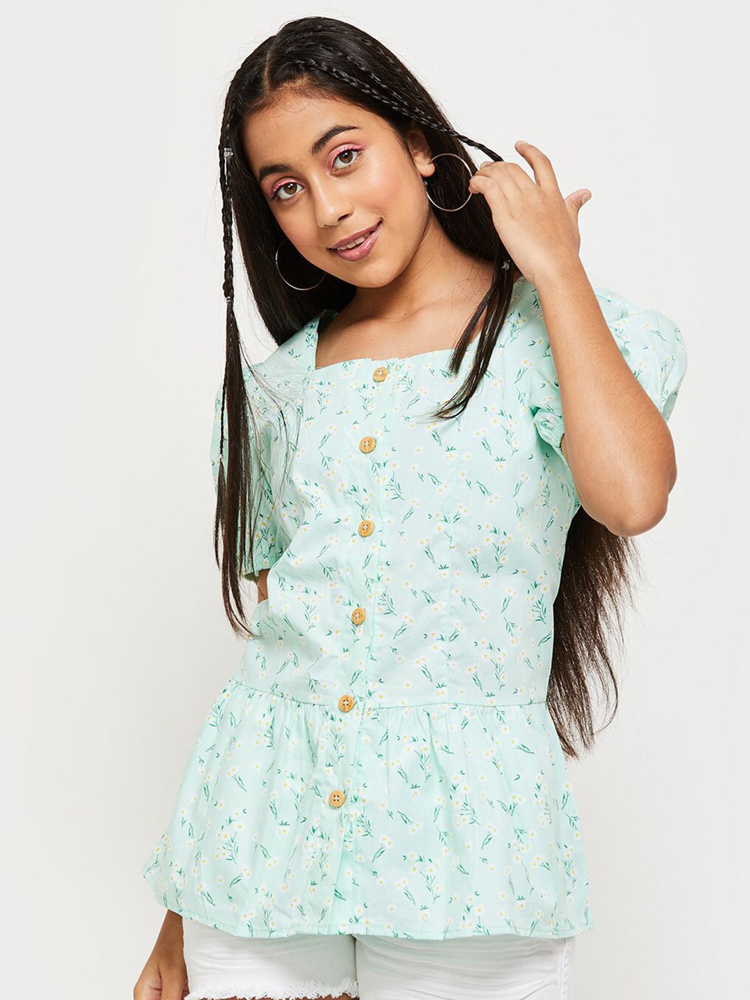 max Turquoise Blue Floral Print Top