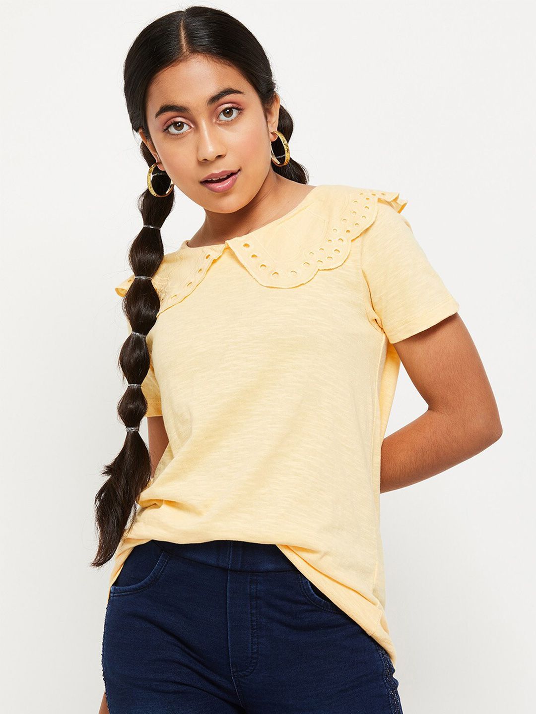 max Women Yellow Peter Pan Collar Top
