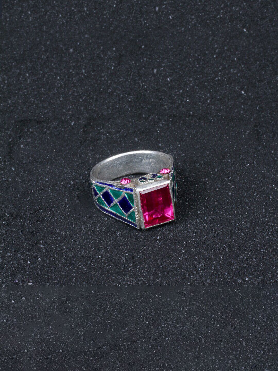 SANGEETA BOOCHRA 925 Sterling Silver Silver Coloured Pink & Blue CZ Studded Afghan Finger Ring Price in India