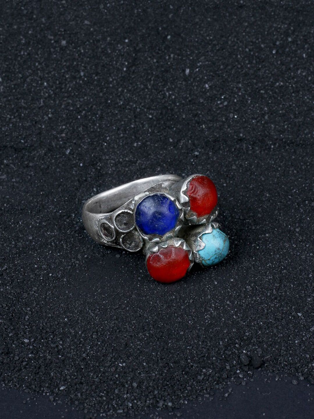 SANGEETA BOOCHRA Silver Coloured Red & Blue CZ Studded Afghan Finger Ring Price in India