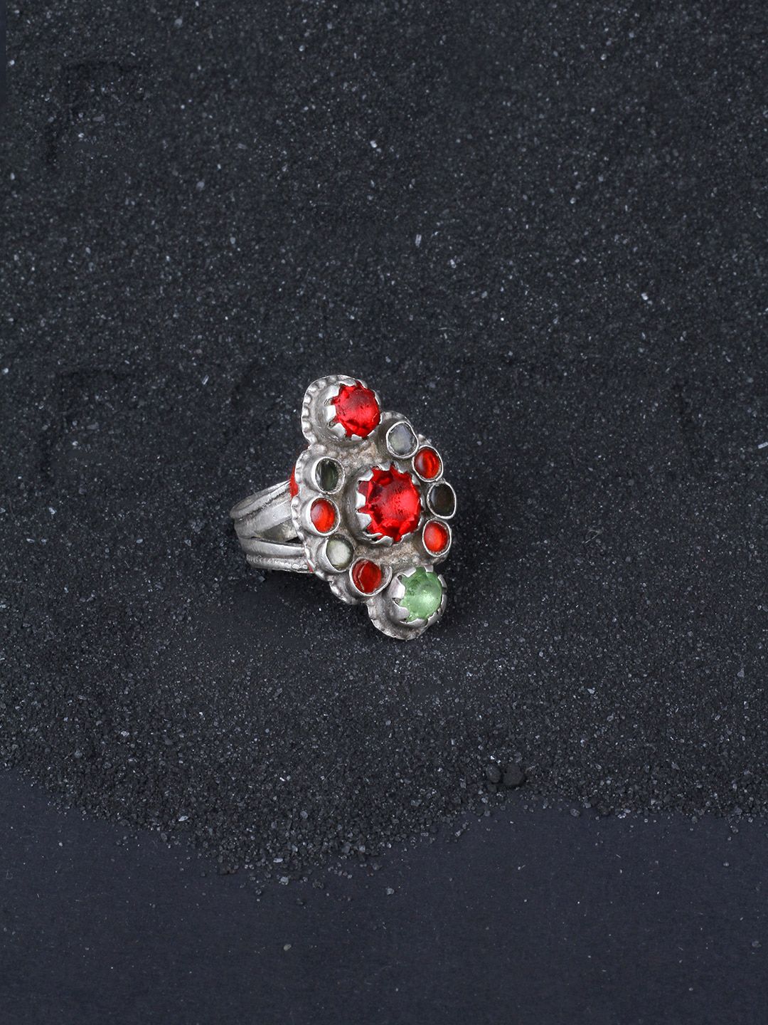 SANGEETA BOOCHRA Silver-Toned Red CZ-Studded Afghan Finger Ring Price in India